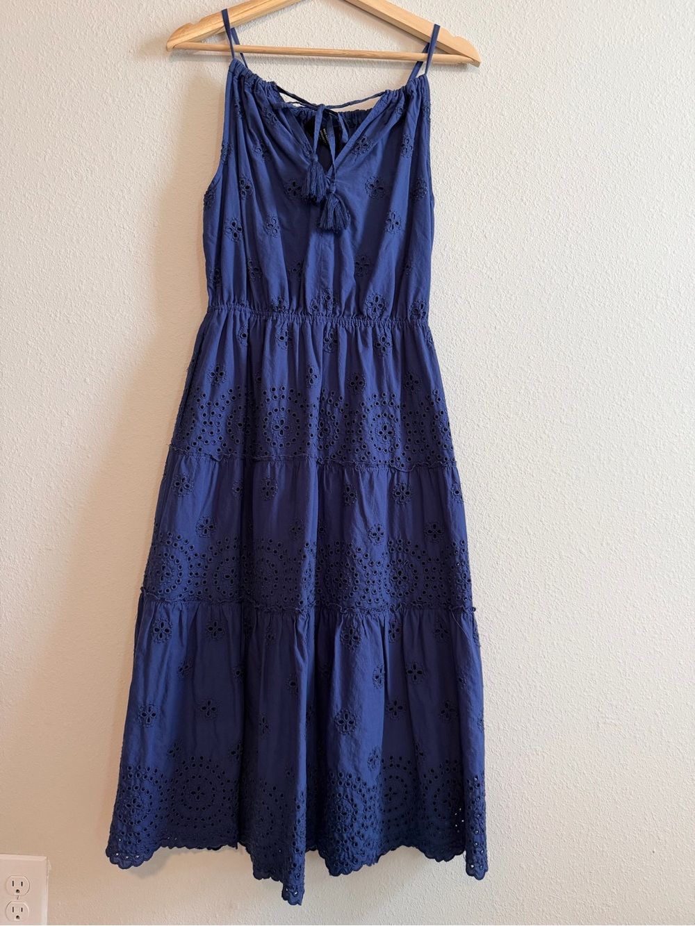 Sleeveless Navy Eyelet Tiered Maxi Dress with Tassel Tie